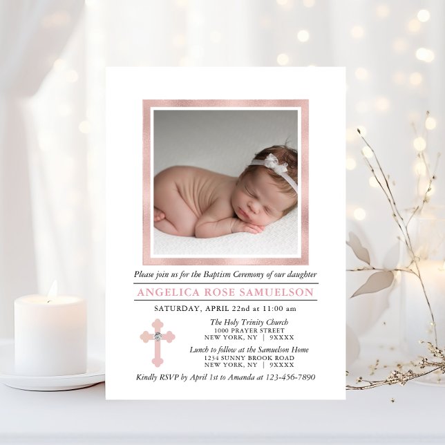 Elegantes BAPTISM CHRISTENING Pink Girl | FOTO Einladung (Elegant BAPTISM CHRISTENING Pink Girl  PHOTO Invitation)