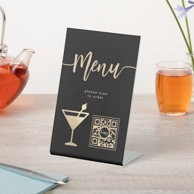 Elegantes Bar Menu Gold Cocktail Glas QR Code Sockelschild (In SItu)