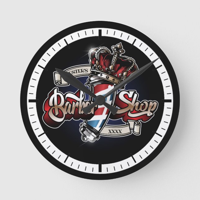 Elegantes Barberloch und Crown-Logo personalisiere Runde Wanduhr (Vorderseite)
