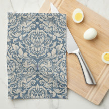 Elegantes Barock Blue Damask Brocade auf Weiß