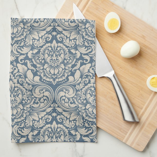Elegantes Barock Blue Damask Brocade auf Weiß Geschirrtuch (Viertel Falte)