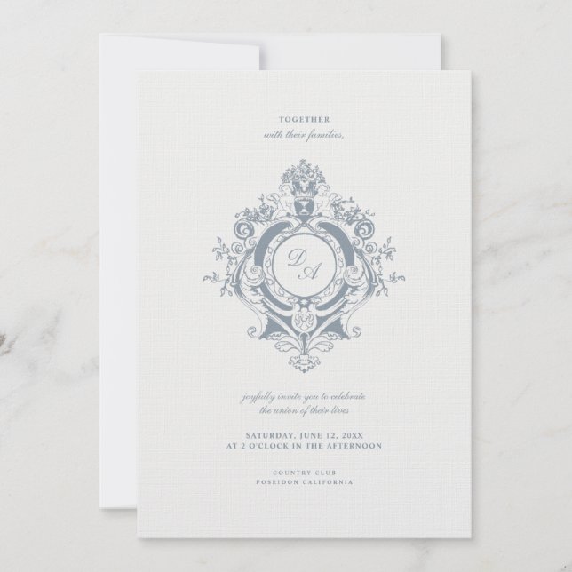 Elegantes Barock Wappen Minimalistisch Hochzeit Einladung (Vorderseite)