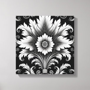 Elegantes barockes Blumenmuster-Schwarz-Weiß-Dekor Leinwanddruck