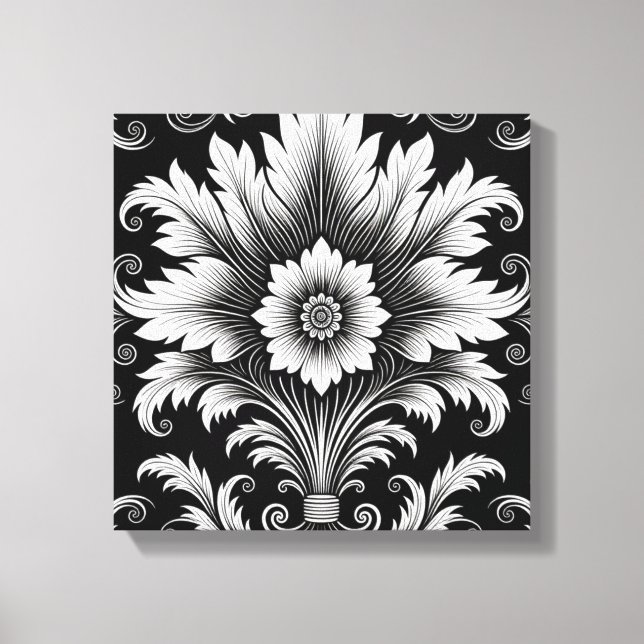 Elegantes barockes Blumenmuster-Schwarz-Weiß-Dekor Leinwanddruck (Vorderseite)