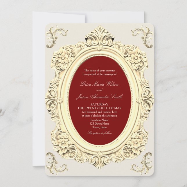 Elegantes Barockgold und Burgunder Hochzeit Einladung (Vorderseite)