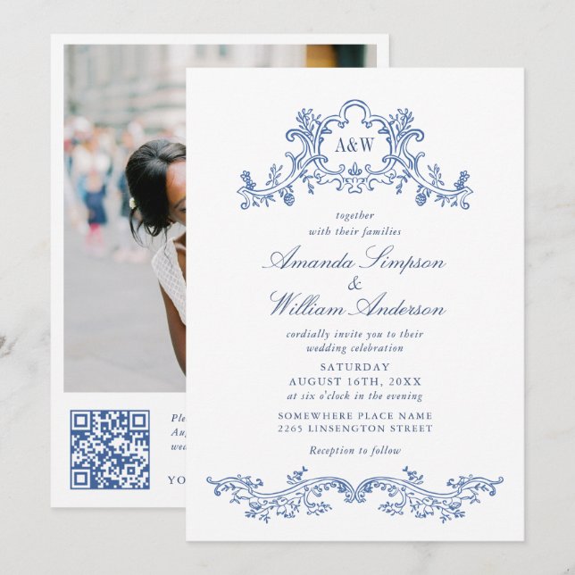 Elegantes Baroque Blue Verziert Frame Wedding Foto Einladung (Vorne/Hinten)
