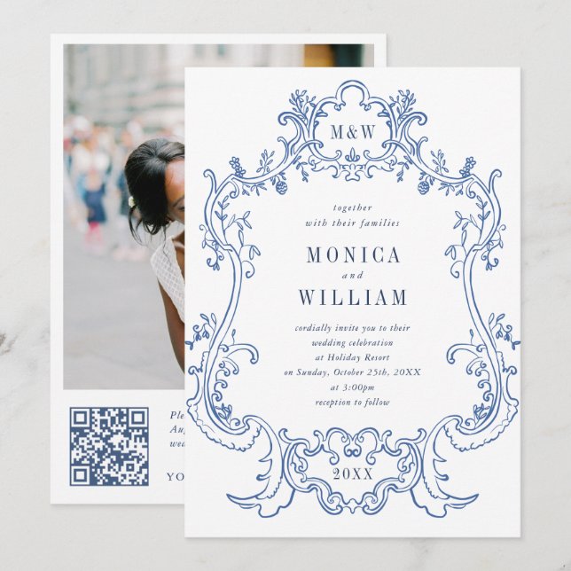 Elegantes Baroque Blue Verziert Frame Wedding Foto Einladung (Vorne/Hinten)