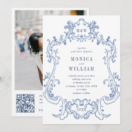 Elegantes Baroque Blue Verziert Frame Wedding Foto Einladung