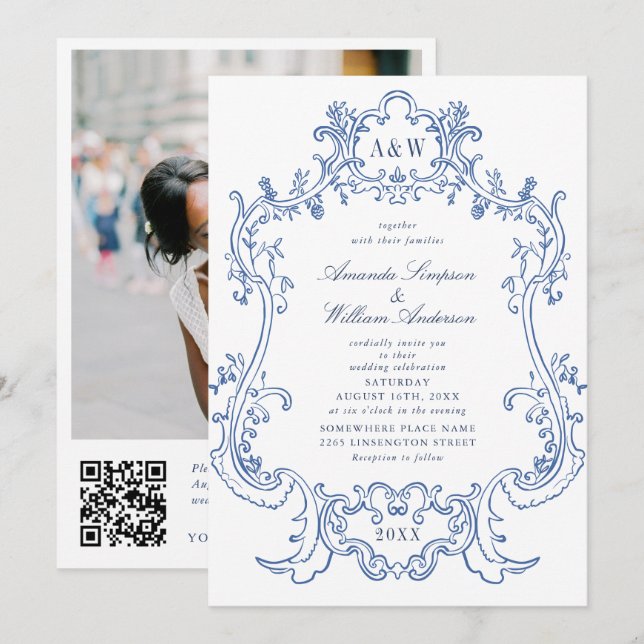 Elegantes Baroque Blue Verziert Frame Wedding Foto Einladung (Vorne/Hinten)