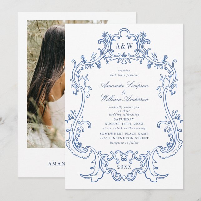 Elegantes Baroque Dusty Blue Frame Foto Hochzeit Einladung (Vorne/Hinten)