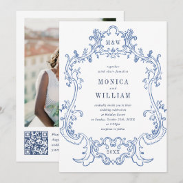 Elegantes Baroque Dusty Blue Frame Foto Hochzeit Einladung