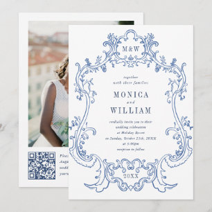 Elegantes Baroque Dusty Blue Frame Foto Hochzeit Einladung