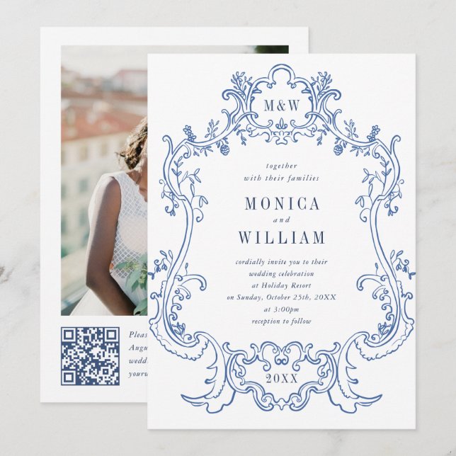 Elegantes Baroque Dusty Blue Frame Foto Hochzeit Einladung (Vorne/Hinten)
