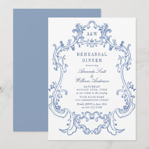 Elegantes Baroque Dusty Blue Frame Probe Dinner Einladung