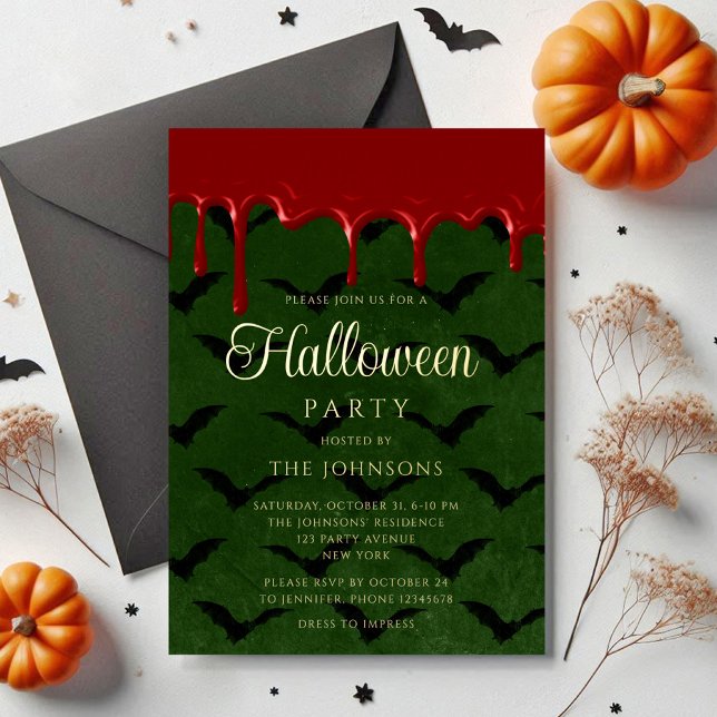 Elegantes Bat Blopping Halloween Gold Folieneinladung (Elegant Bat Blood Dripping Halloween Gold Foil Invitation)