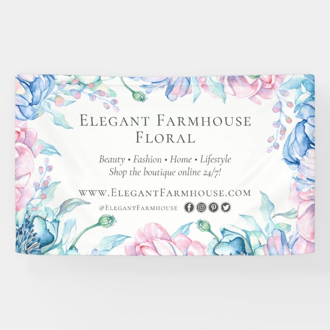 Elegantes Bauernhaus Wasserfarben Blume Banner (Horizontal)
