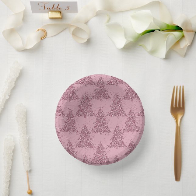 Elegantes Baummuster | Dusty Mauve Pink Weihnachte Pappteller (Hochzeit)