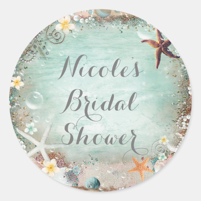 Elegantes Beach Sea Starfish & Pearls Gastgeschenk Runder Aufkleber (Vorderseite)