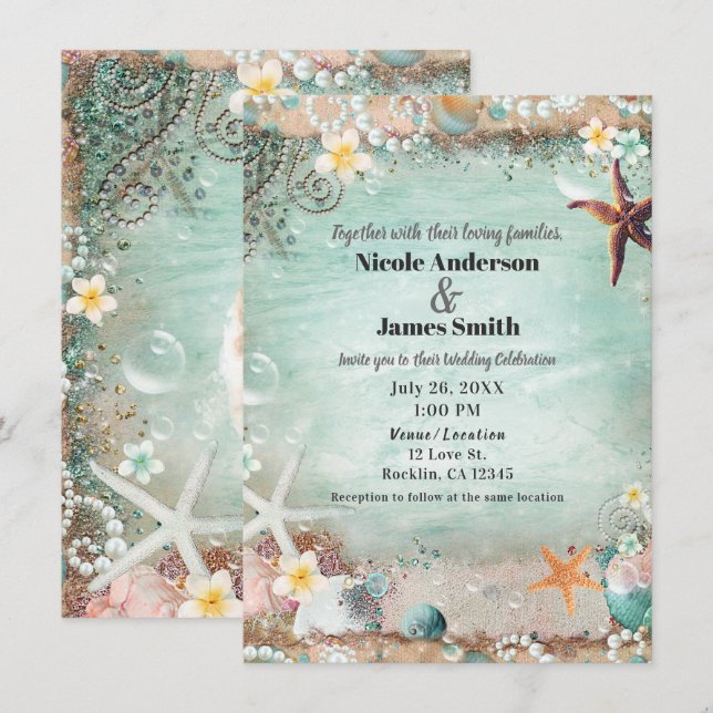 Elegantes Beach Sea Starfish & Pearls Hochzeitlich Einladung (Vorne/Hinten)