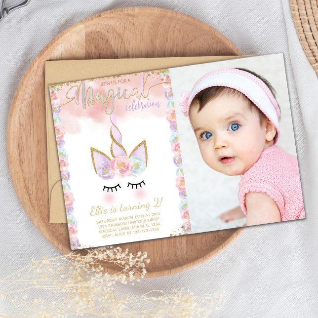 Elegantes bearbeitbares Party Einladung (Copper Color Unicorn Birthday Invitations)