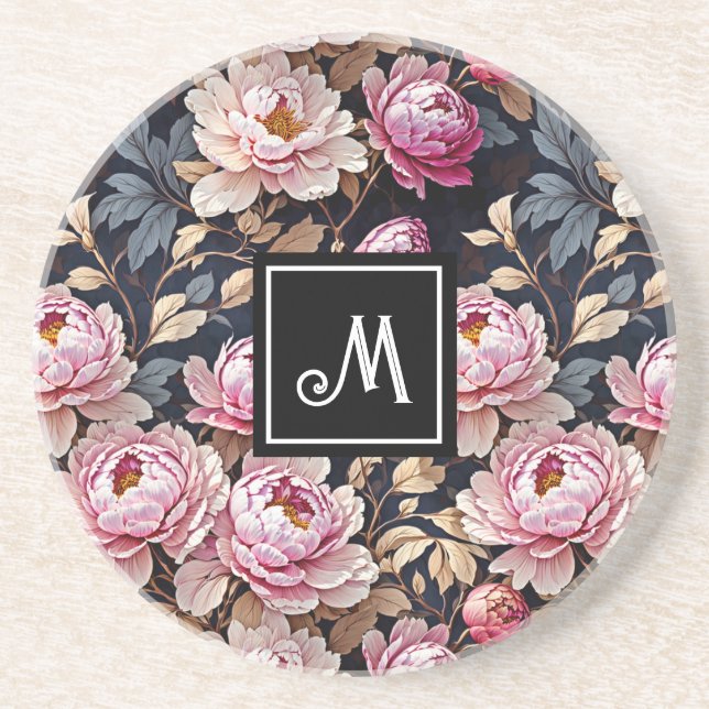 Elegantes Begrüßungsblütenrosa, Peony Floral Monog Getränkeuntersetzer (Vorne)