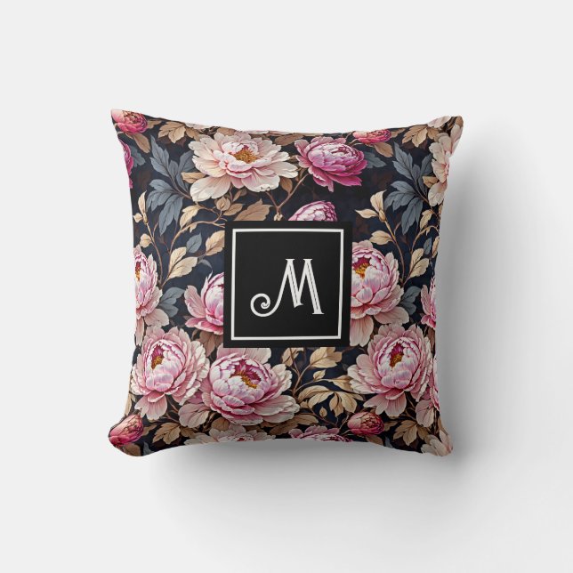Elegantes Begrüßungsblütenrosa, Peony Floral Monog Kissen (Vorderseite)