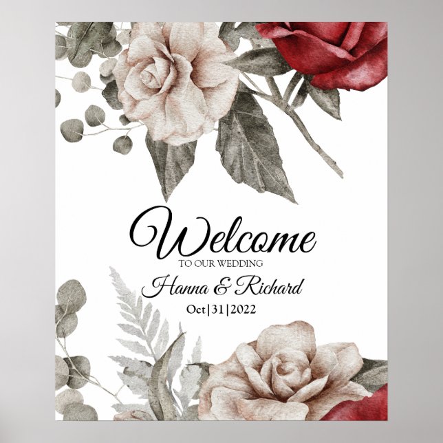 Elegantes Begrüßungszeichen für Burgund und Beige Poster (Vorne)
