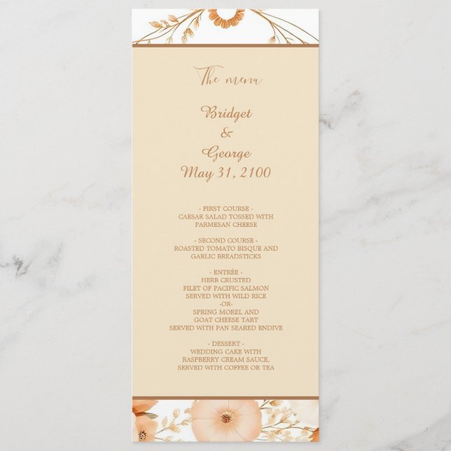 Elegantes Beige Blumenkorb-Menü & Programm (Vorderseite)