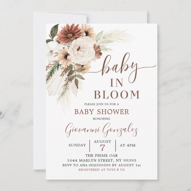 Elegantes Beige Boho Baby in Bloom Baby Shower Einladung (Vorderseite)