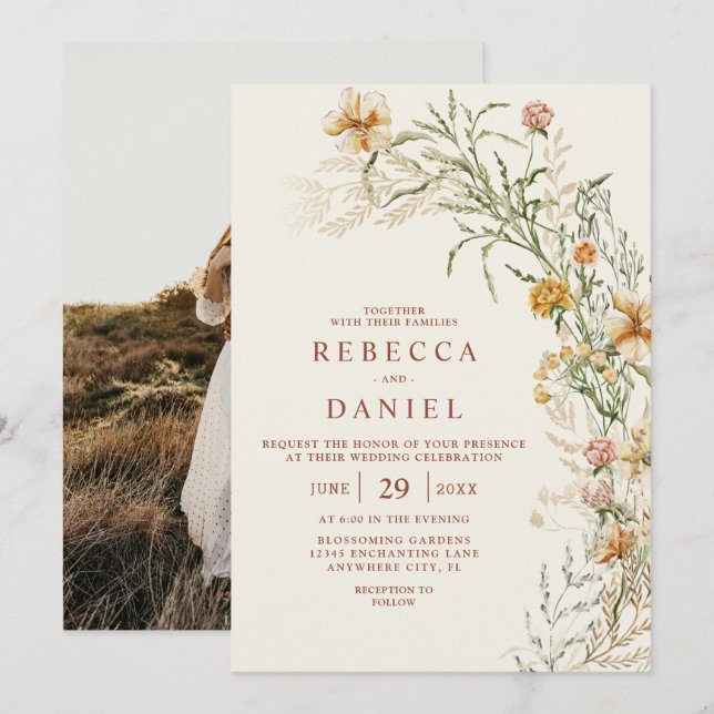 Elegantes Beige Boho Foto Hochzeit Einladung (Vorne/Hinten)