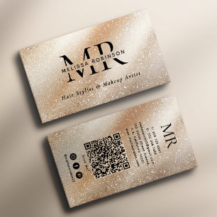 Elegantes beige-cremiges Glitter-Monogramm und QR- Visitenkarte