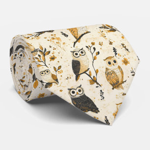 Elegantes Beige-Eulen-Wildlife-Botanikmuster Krawatte