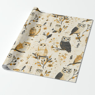 Elegantes Beige-Eulen-Wildtier-Botanik-Muster Geschenkpapier