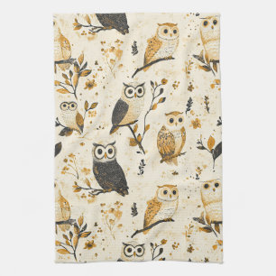 Elegantes Beige-Eulen-Wildtier-Botanik-Muster Geschirrtuch