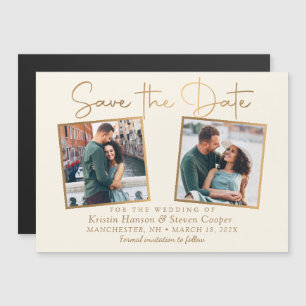 Elegantes Beige Gold 2 Foto Speichern Sie das Date Magnetkarte