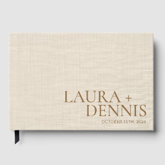 Elegantes Beige-Leinen-Script-Paar-Namen-Hochzeit Gästebuch