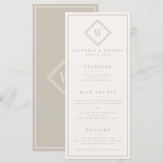 Elegantes Beige Minimalistische Hochzeitsmenü Menükarte (Vorne/Hinten)