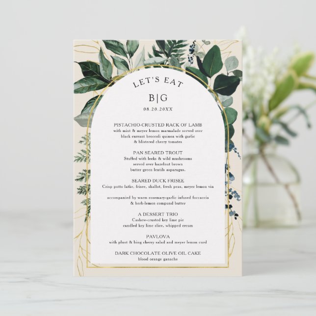 Elegantes Beige Modernes Abendessen mit botanische Menükarte (Stehend Vorderseite)