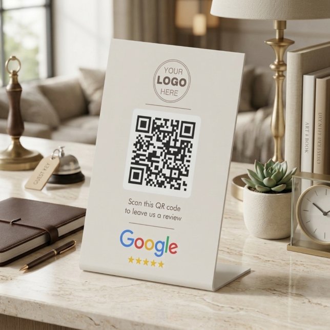 Elegantes Beige Neutral Review QR Code Sockelschild (Elegant Beige & Neutral Custom Business Review QR Code Sign)