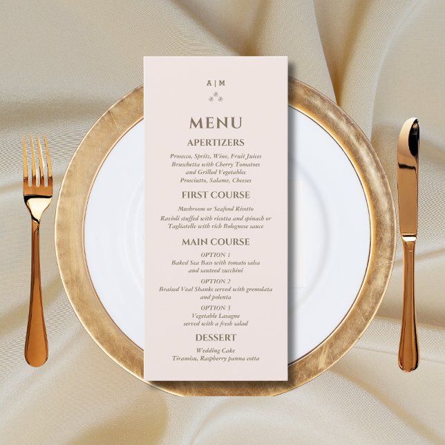 Elegantes Beige Pink Monogram Pearl Wedding Menu Menükarte (Von Creator hochgeladen)
