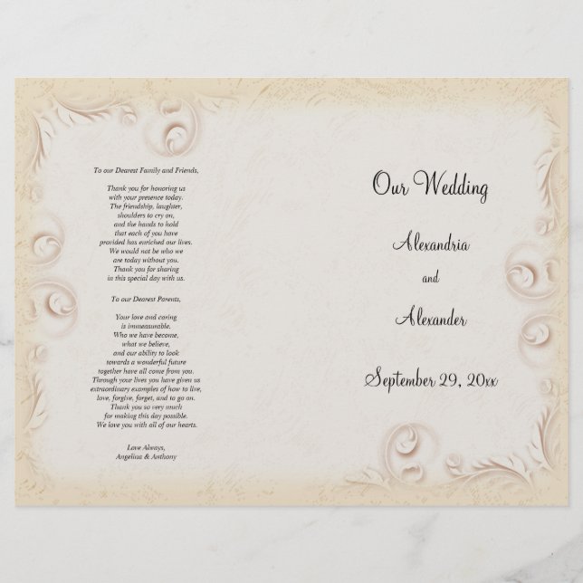 Elegantes Beige Scrollwork Hochzeitsprogramm (Vorderseite)
