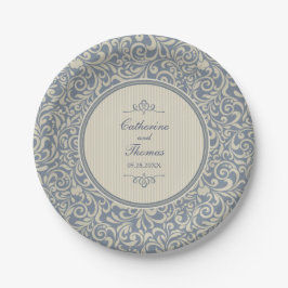 Elegantes Beige und blaues Barockmuster Hochzeit Pappteller