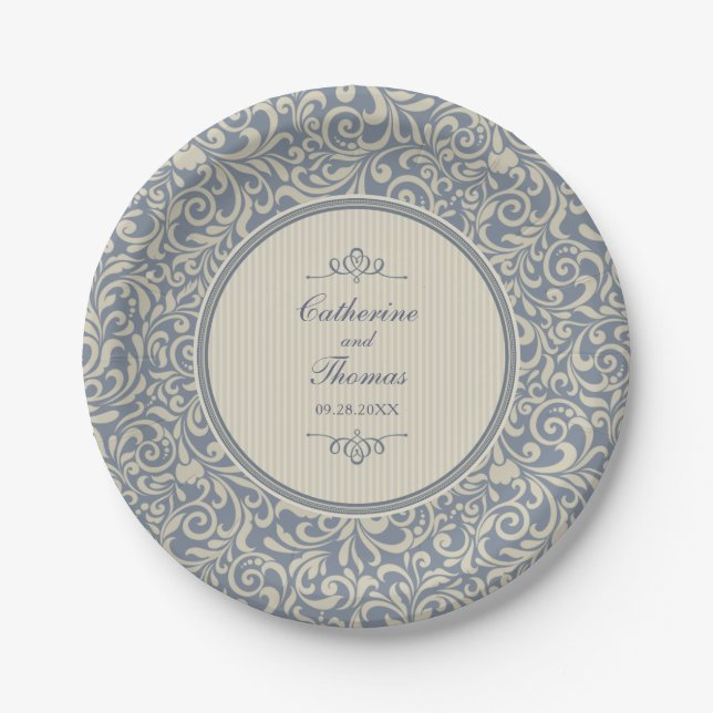 Elegantes Beige und blaues Barockmuster Hochzeit Pappteller (Vorderseite)