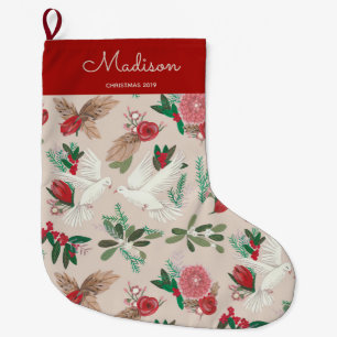 Elegantes Beige- und Rotvögel-Tauben-Blumenmuster Großer Weihnachtsstrumpf