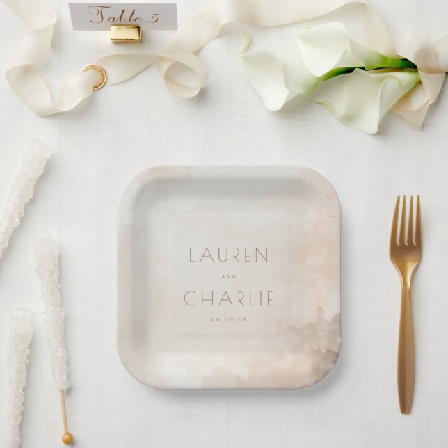 Elegantes Beige-Wasserfarben-Design Pappteller (Hochzeit)