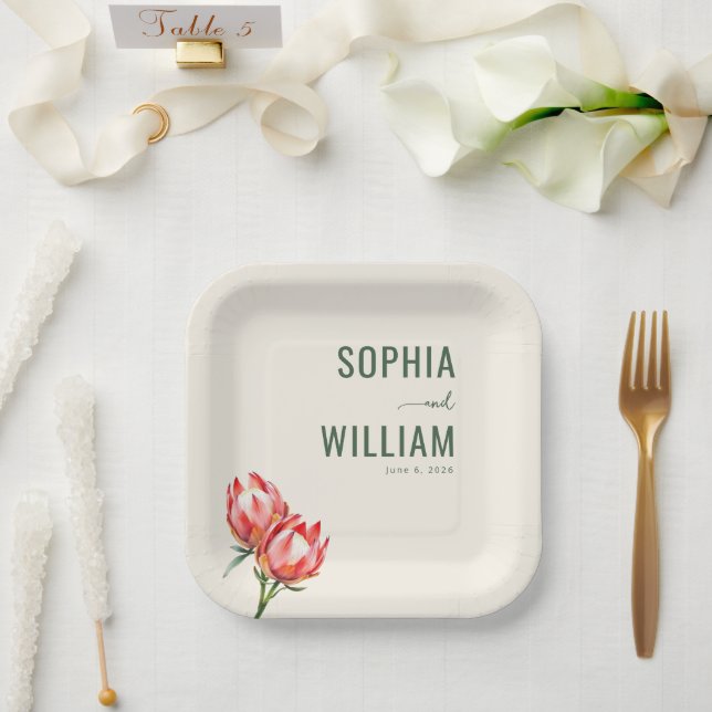 Elegantes Beiges Florales Protea Pappteller (Hochzeit)