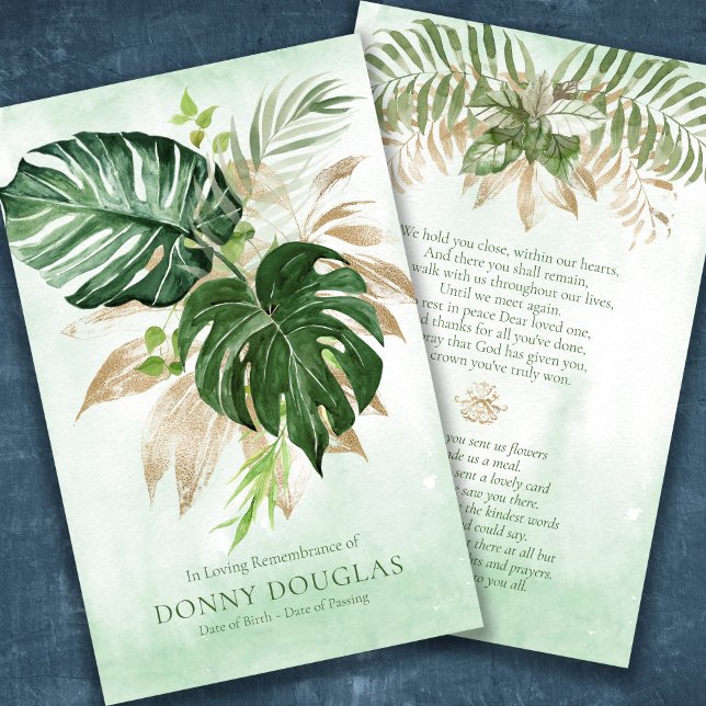 Elegantes Beileid Grüne Beerdigung Gebetskarte Visitenkarte (Tropical Palms with faux gold leaves sympathy memorial prayer cards for a funeral)