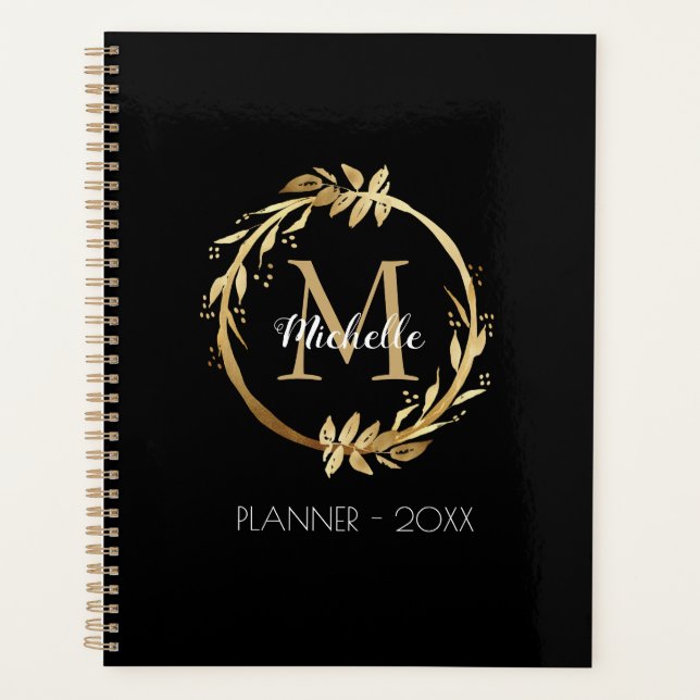 Elegantes, benutzerdefiniertes Gold Wreath Monogra Planer (Vorderseite)