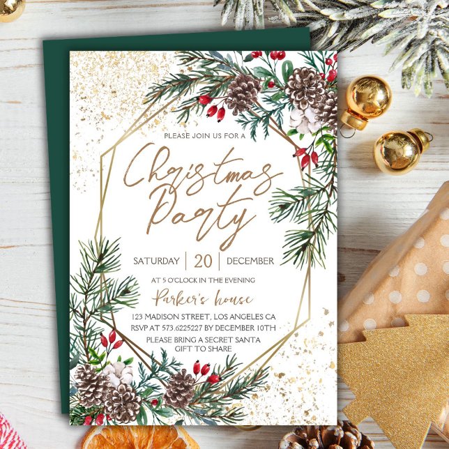 Elegantes Berry Pine Geometric Gold Weihnachtsfest Einladung (Von Creator hochgeladen)