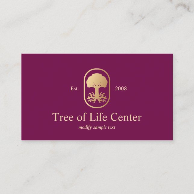 Elegantes Berufliches Gold Tree Roots Logo Burgund Visitenkarte (Vorderseite)